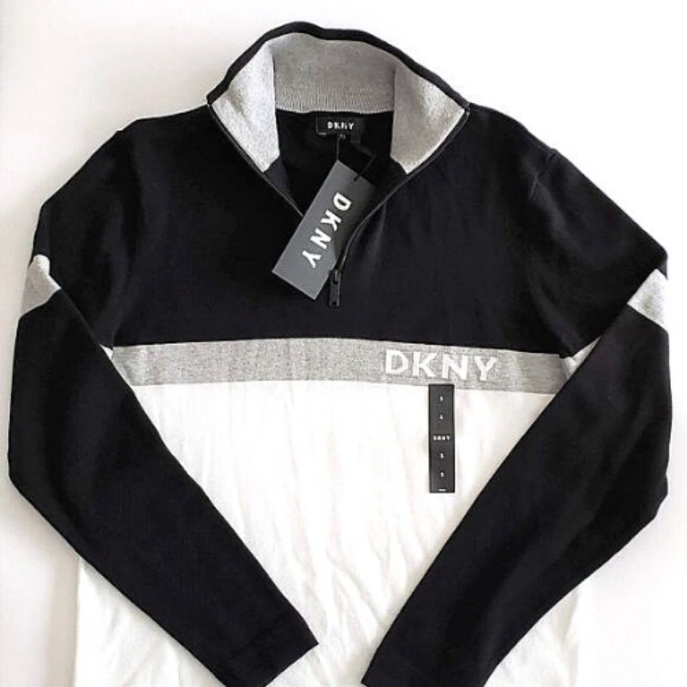 DKNY Colorblock Long Sleeve 1/4 Quarter Zip Mock Neck Pullover Sweater